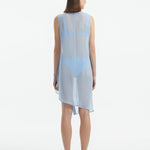 Back view of the Adora baby blue cover-up dress showing the knee-length cut and sheer fabric details.