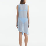 Back view of the Adora baby blue cover-up dress showing the knee-length cut and sheer fabric details.