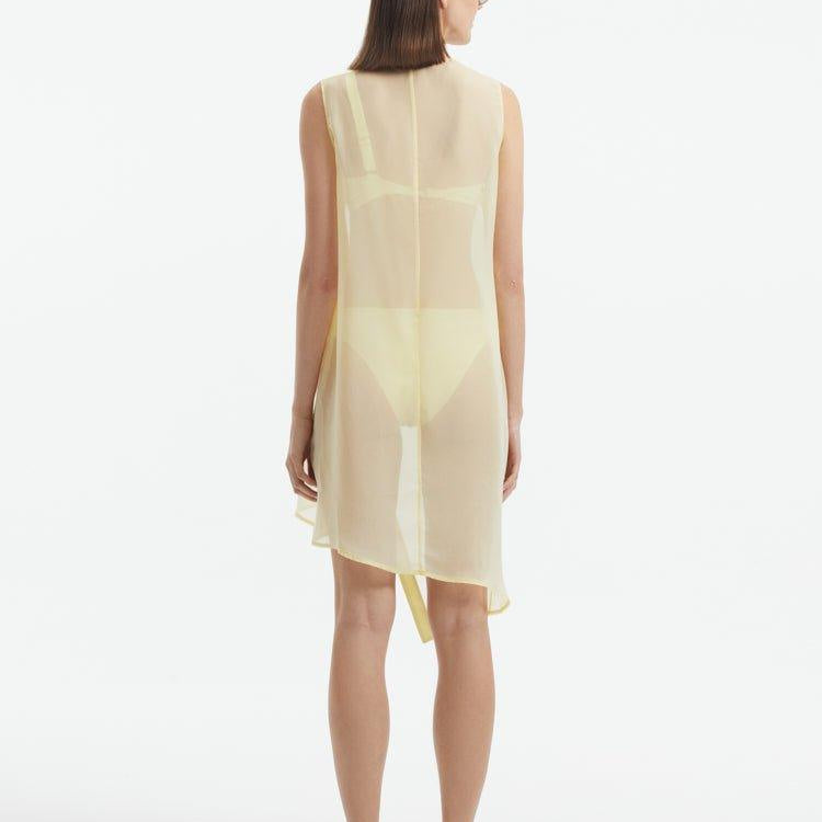 Adora Yellow Sheer Sleeveless Asymmetric Dress with Gold Button Detail | Moeva | Dress | Each week unveils new pieces—luxury swimwear, fluid resort silhouettes, and elevated summer-to-evening essentials designed to carry you from coastal escapes to city nights.