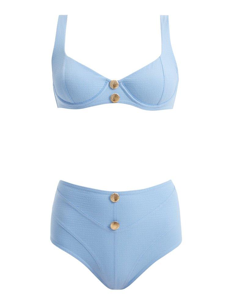 Decoupage image of the Adva Baby Blue Bikini Set, highlighting both the front and back views, the shell-shaped gold button details, and the luxurious Italian fabric.