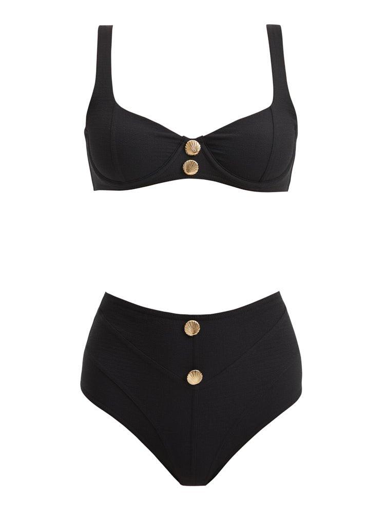 Decoupage image of the Adva Black Bikini Set, highlighting both the front and back views, the shell-shaped gold button details, and the luxurious Italian fabric.