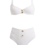 Composite image of the Adva White Bikini Set, showcasing front and back views, detailed shell-shaped gold buttons, and the luxurious Italian fabric.
