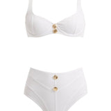 Composite image of the Adva White Bikini Set, showcasing front and back views, detailed shell-shaped gold buttons, and the luxurious Italian fabric.