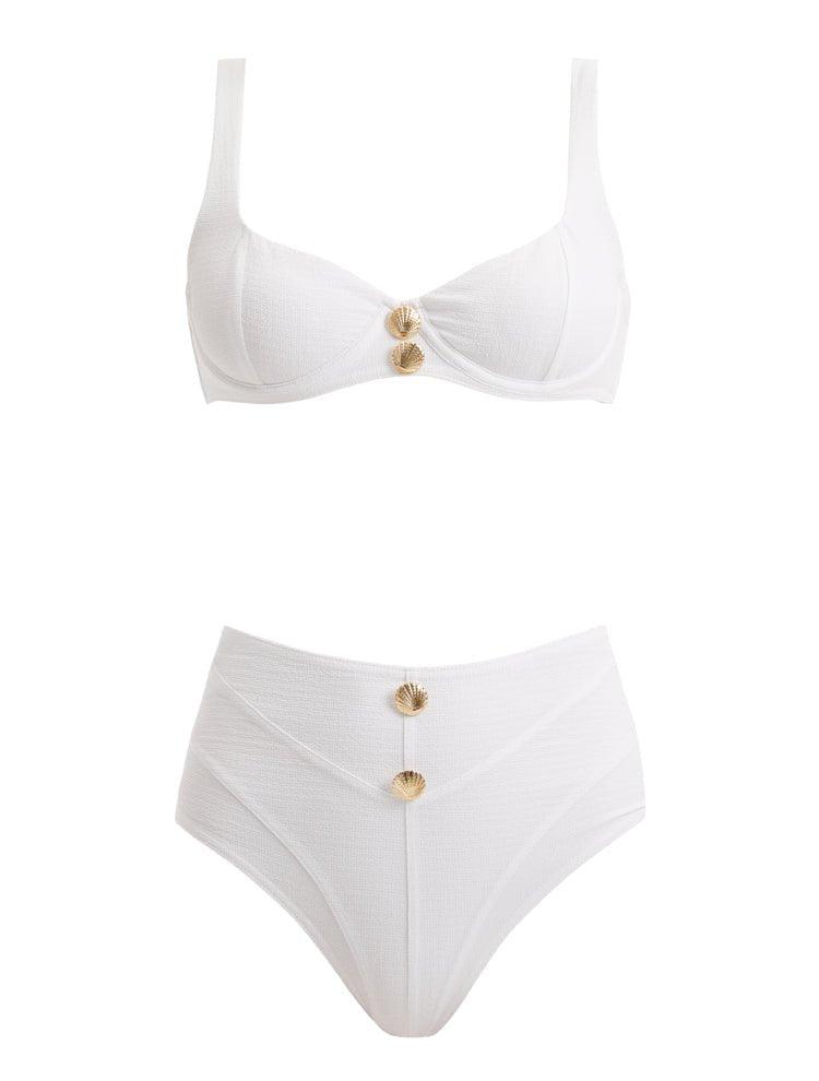 Composite image of the Adva White Bikini Set, showcasing front and back views, detailed shell-shaped gold buttons, and the luxurious Italian fabric.