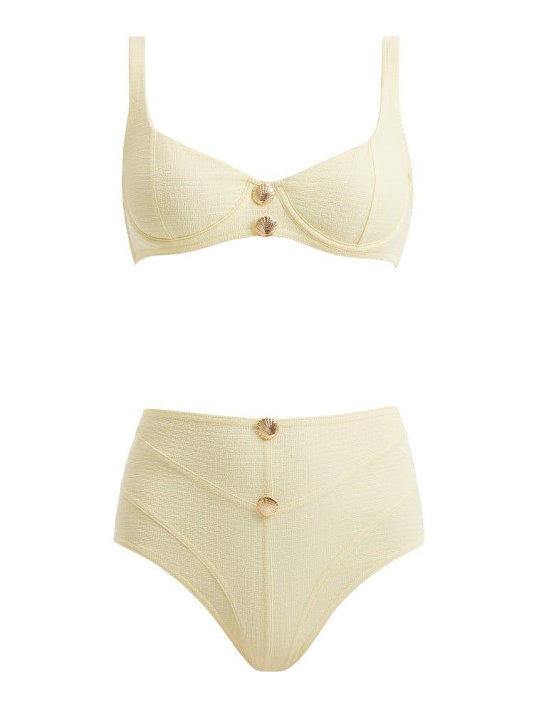 Composite image of the Adva Yellow Bikini Set, displaying front and back views, detailed shell-shaped gold buttons, and the premium Italian fabric