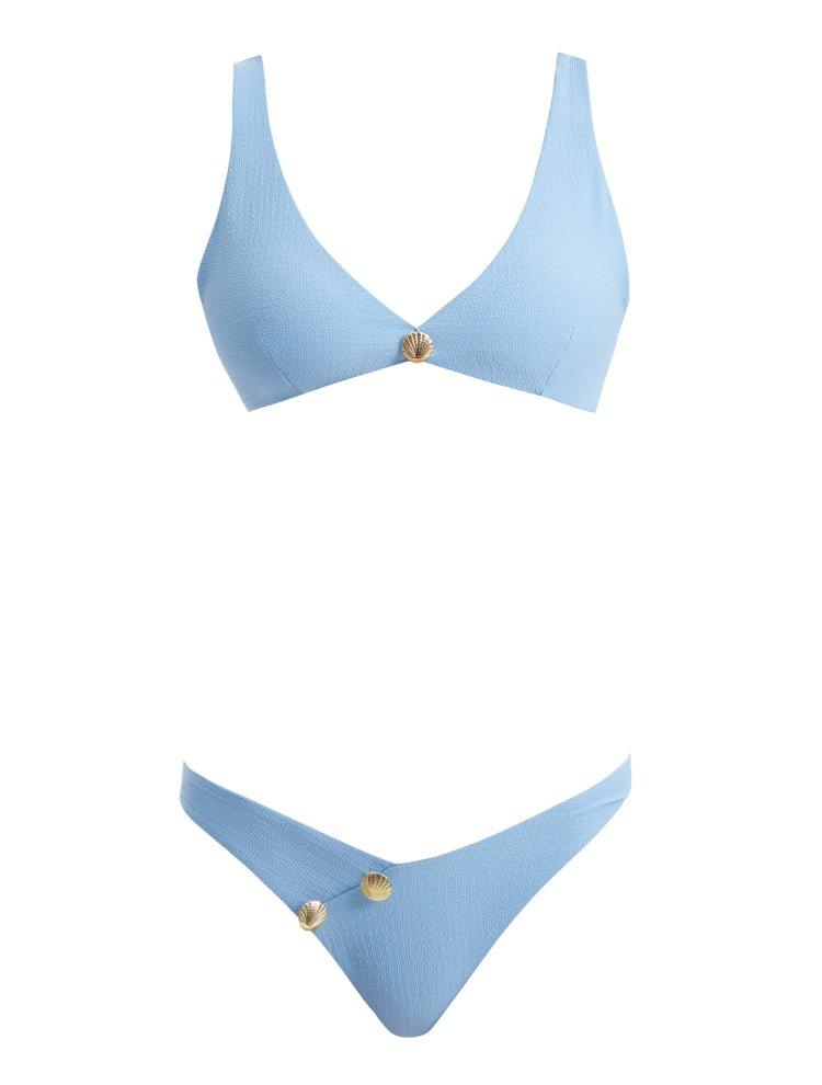 "Composite image of the Aeron Baby Blue Bikini Set, displaying front and back views, shell-shaped gold button details, and the luxurious Italian fabric."