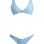 "Composite image of the Aeron Baby Blue Bikini Set, displaying front and back views, shell-shaped gold button details, and the luxurious Italian fabric."
