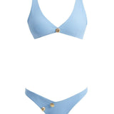 "Composite image of the Aeron Baby Blue Bikini Set, displaying front and back views, shell-shaped gold button details, and the luxurious Italian fabric."