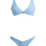 "Composite image of the Aeron Baby Blue Bikini Set, displaying front and back views, shell-shaped gold button details, and the luxurious Italian fabric."