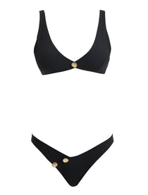 "Composite image of the Aeron Black Bikini Set, displaying front and back views, shell-shaped gold button details, and the luxurious Italian fabric."