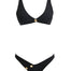 "Composite image of the Aeron Black Bikini Set, displaying front and back views, shell-shaped gold button details, and the luxurious Italian fabric."