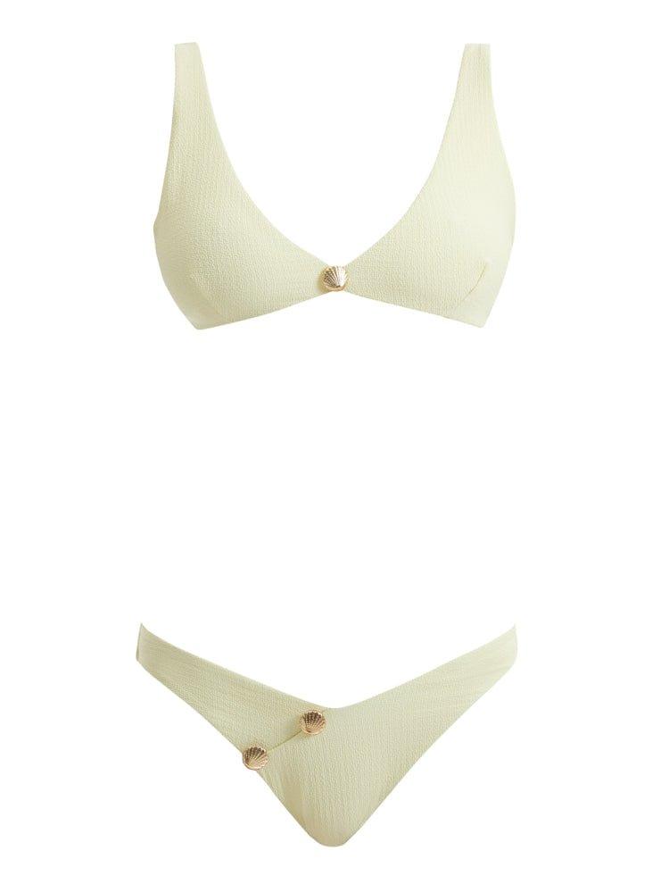 Composite image of the Aeron Yellow Bikini Set, displaying front and back views, shell-shaped gold button details, and the luxurious Italian fabric.