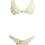 Composite image of the Aeron Yellow Bikini Set, displaying front and back views, shell-shaped gold button details, and the luxurious Italian fabric.