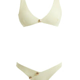 Composite image of the Aeron Yellow Bikini Set, displaying front and back views, shell-shaped gold button details, and the luxurious Italian fabric.