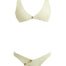 Composite image of the Aeron Yellow Bikini Set, displaying front and back views, shell-shaped gold button details, and the luxurious Italian fabric.