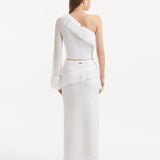 "Back view of the Alani White Skirt, demonstrating the high-waisted silhouette and elegant drape."
