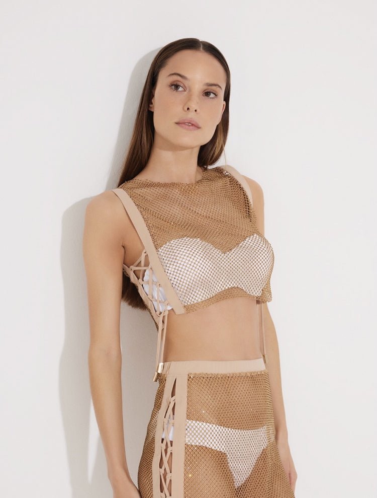 Alejandra Nude Rhinestone Embellished Net Crop Top With Side Tie Details -Beachwear Tops Moeva