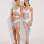 "Models posing in Alejandra Top and  Skirt from the front, highlighting the shimmering rhinestones and adjustable ties."