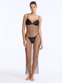 Front View: Model in Aliana Black Dress - Scoop Neckline, Maxi Dress, Sleeveless, Chic Style, Ankle-Length, Embellished with Clear Glass Beads, MOEVA Luxury Beachwear