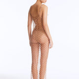 Back View: Aliana Bronze Dress on Model - Scoop Neckline, Unlined, %100 Handmade Macrame, Clear Glass Drops at the Hem, Adjustable Straps, MOEVA Luxury Beachwear