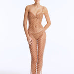 Front View: Model in Aliana Bronze Dress - Maxi Dress, Sleeveless, Chic Style, Ankle-Length, Embellished with Clear Glass Beads, MOEVA Luxury Beachwear
