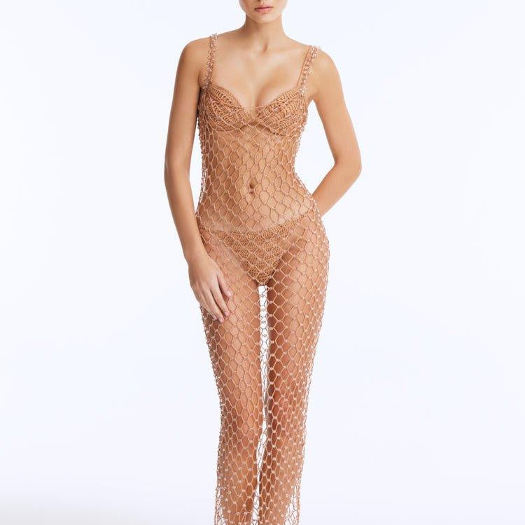 Bruna Lirio - Aliana Bronze Macrame Net Maxi Dress with Glass Bead Details & Nixie Bronze Bandeau Mid Coverage Bikini Set | Moeva | Dress | Each week unveils new pieces—luxury swimwear, fluid resort silhouettes, and elevated summer-to-evening essentials designed to carry you from coastal escapes to city nights.