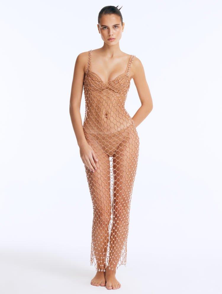 Bruna Lirio - Aliana Bronze Macrame Net Maxi Dress with Glass Bead Details & Nixie Bronze Bandeau Mid Coverage Bikini Set | Moeva | Dress | Each week unveils new pieces—luxury swimwear, fluid resort silhouettes, and elevated summer-to-evening essentials designed to carry you from coastal escapes to city nights.