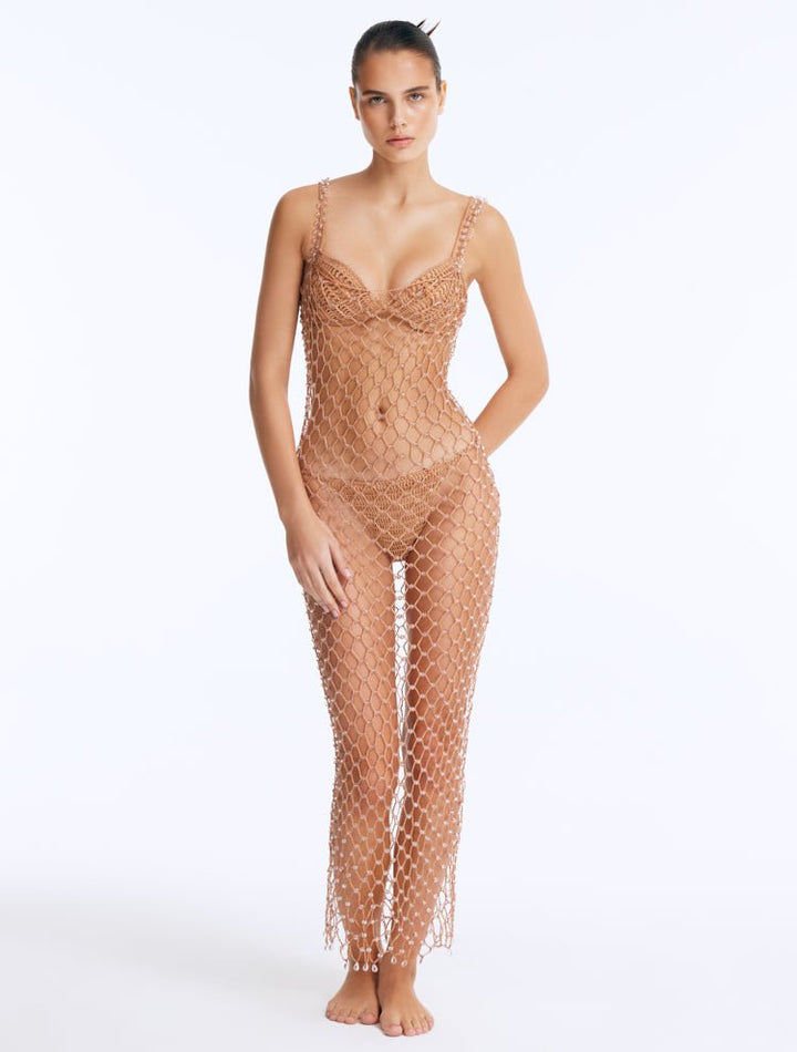 Front View: Model in Aliana Bronze Dress - Maxi Dress, Sleeveless, Chic Style, Ankle-Length, Embellished with Clear Glass Beads, MOEVA Luxury Beachwear
