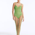 Front View: Model in Aliana Green Dress - Maxi Dress, Sleeveless, Chic Style, Ankle-Length, Embellished with Clear Glass Beads, MOEVA Luxury Beachwear