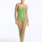 Front View: Model in Aliana Green Dress - Maxi Dress, Sleeveless, Chic Style, Ankle-Length, Embellished with Clear Glass Beads, MOEVA Luxury Beachwear