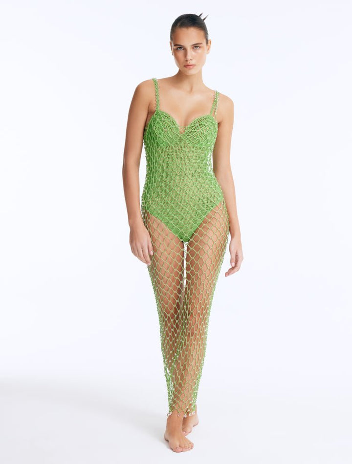 Front View: Model in Aliana Green Dress - Maxi Dress, Sleeveless, Chic Style, Ankle-Length, Embellished with Clear Glass Beads, MOEVA Luxury Beachwear