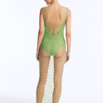 Back View: Aliana Green Dress on Model - Scoop Neckline, Unlined, %100 Handmade Macrame, Clear Glass Drops at the Hem, Adjustable Straps, MOEVA Luxury Beachwear