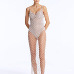 Front View: Model in Aliana Silver Dress - Maxi Dress, Sleeveless, Chic Style, Ankle-Length, Embellished with Clear Glass Beads, MOEVA Luxury Beachwear
