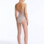 Back View: Aliana Silver Dress on Model - Scoop Neckline, Unlined, %100 Handmade Macrame, Clear Glass Drops at the Hem, Adjustable Straps, MOEVA Luxury Beachwear