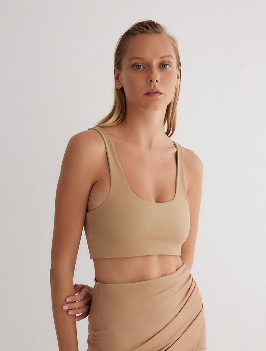 Alva Green/Nude Reversible Scoop-Neck Crop Top -Beachwear Tops Moeva