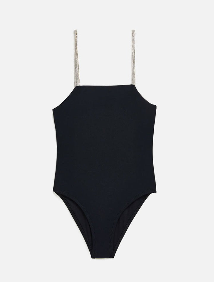 Front View: Amalia Black Kids Swimsuit - One Piece, Square Neck, Fully Lined, Mommy and Me, Soft Tocuh Fabric, MOEVA Luxury Swimwear
