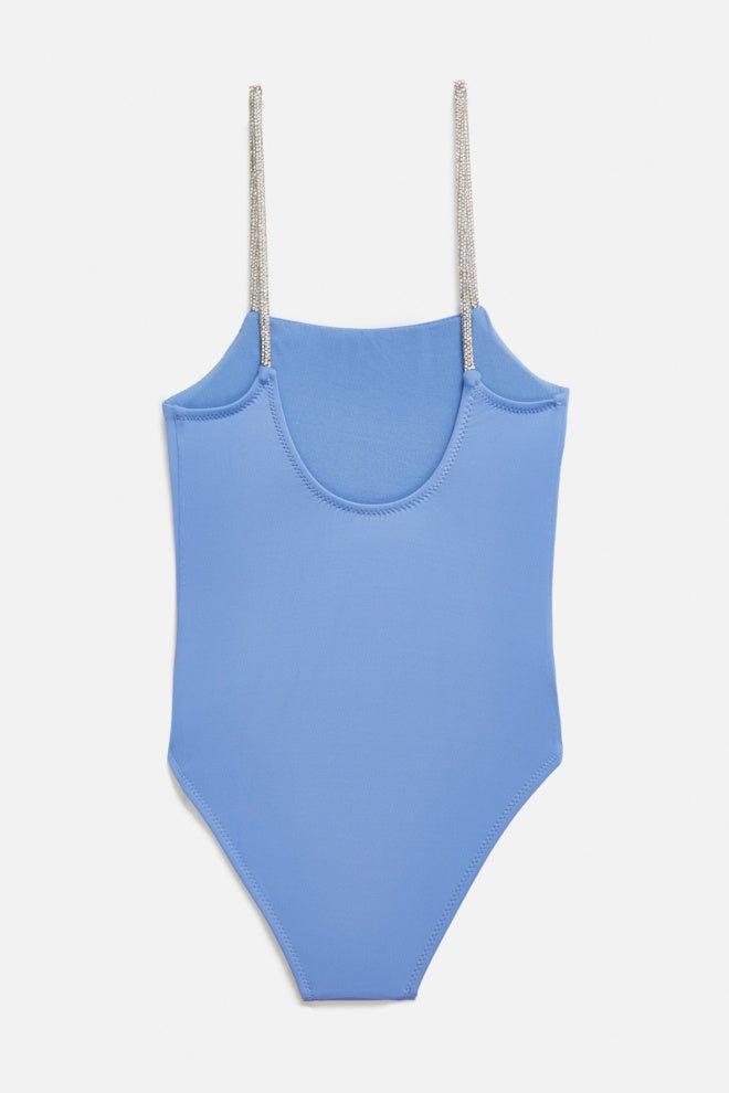Back View: Amalia Blue Kids Swimsuit - Crystal Embellished Straps, Full Bottom Coverage, Straight Neck, Stretchy Fabric, MOEVA Luxury Swimwear