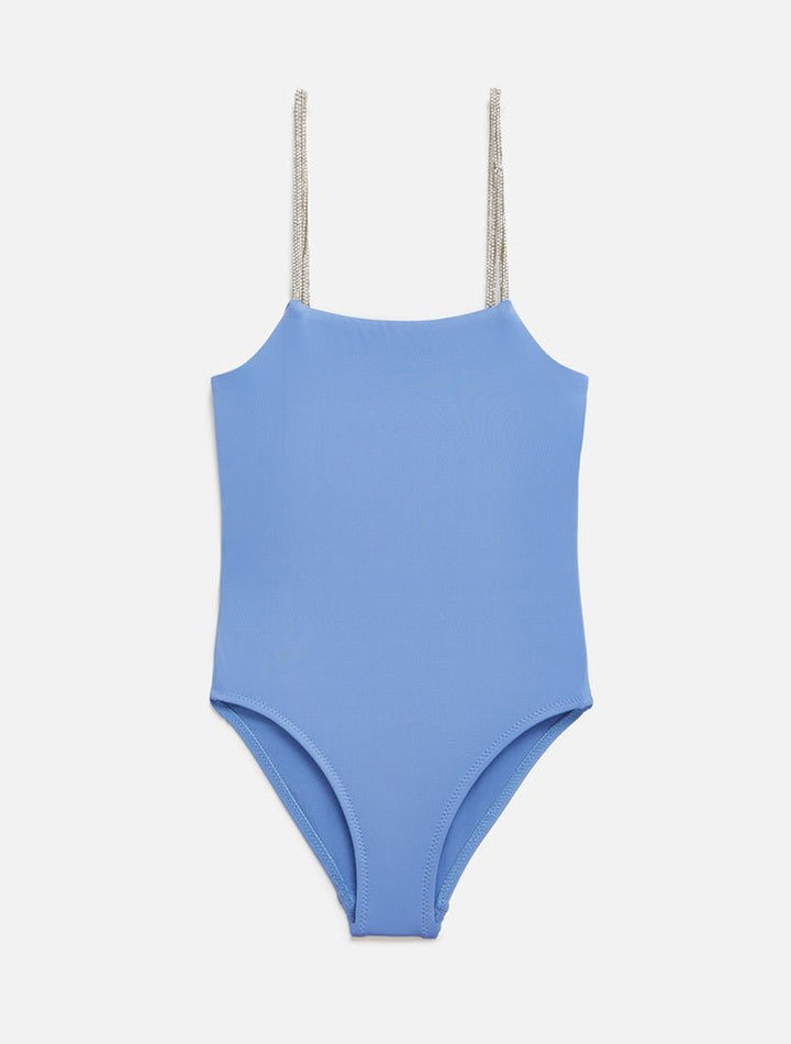 Front View: Amalia Blue Kids Swimsuit - One Piece, Square Neck, Fully Lined, Mommy and Me, Soft Tocuh Fabric, MOEVA Luxury Swimwear