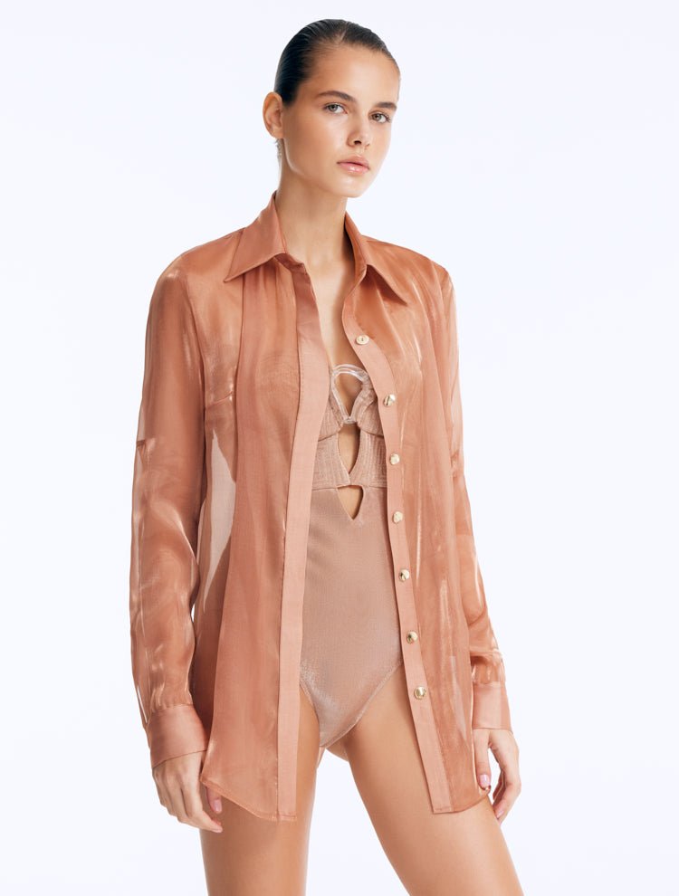 Front View: Model in Ambrosia Bronze Shirt - Chic and Versatile Shirt, Long Sleeves, Soft Touch Shiny Fabric, Gold Wavy Buttons, MOEVA Luxury Beachwear