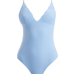  Artistic decoupage of the Anahita Baby Blue Swimsuit, highlighting its serene and sophisticated design.