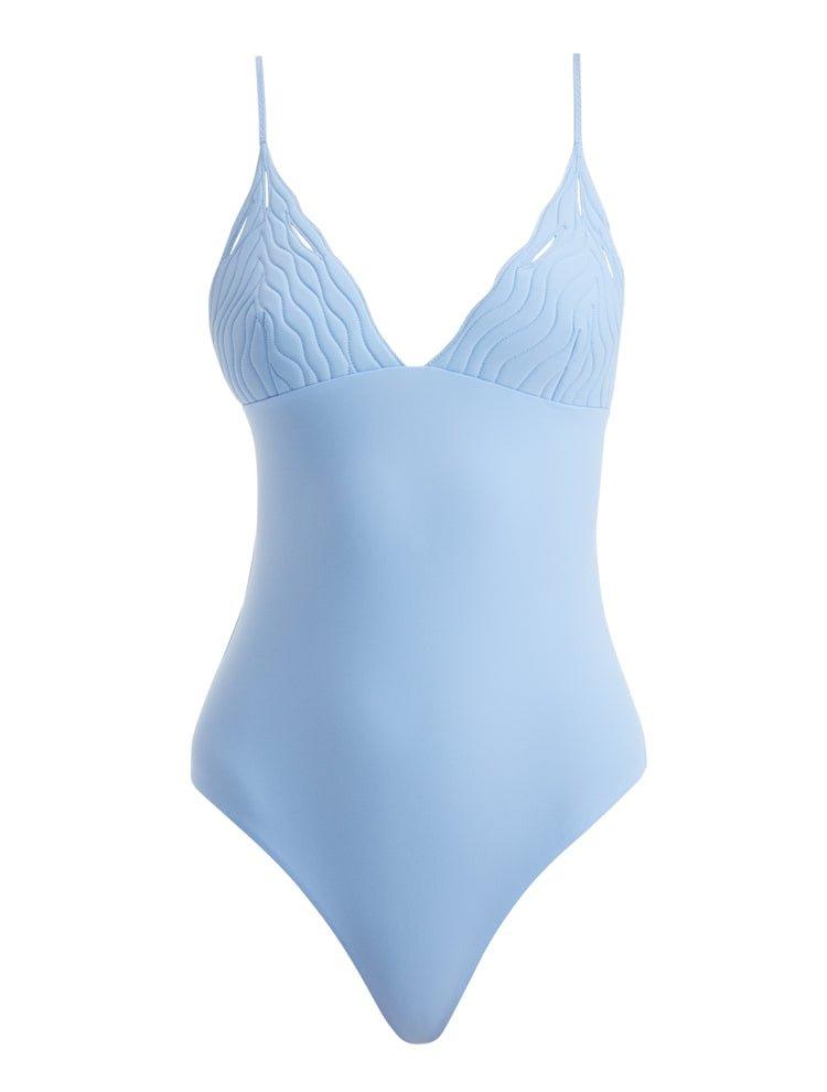  Artistic decoupage of the Anahita Baby Blue Swimsuit, highlighting its serene and sophisticated design.