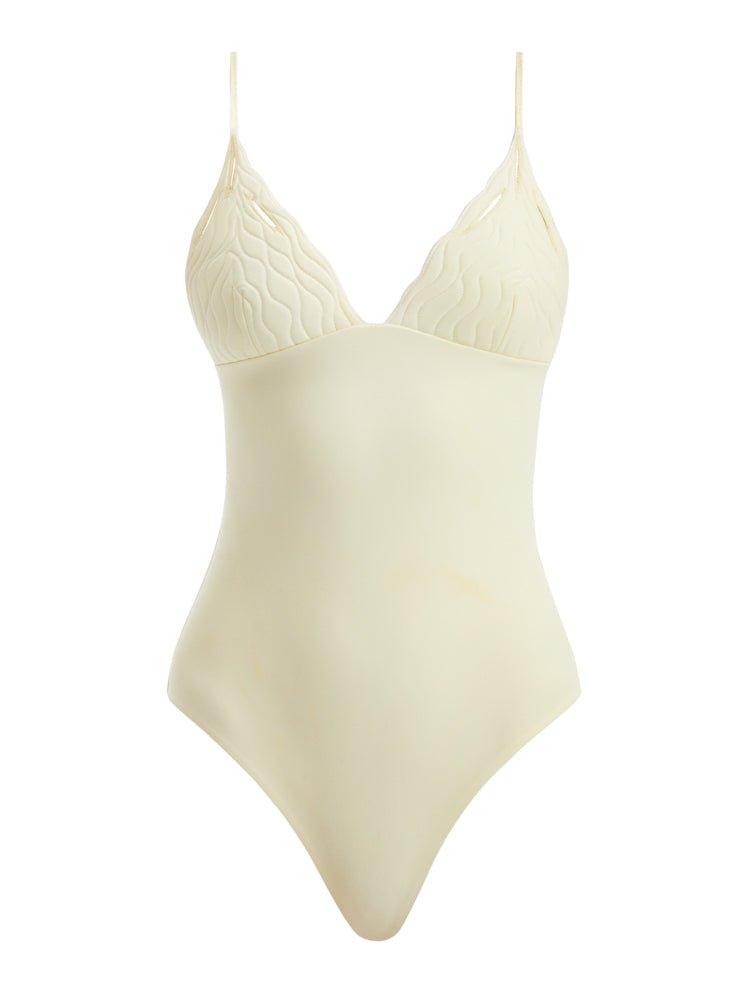 Artistic decoupage of the Anahita Yellow Swimsuit, highlighting its vibrant and dynamic design.