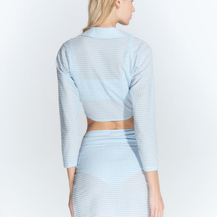 Antonia Gingham Baby Blue High-Waist Wrap Mini Skirt | Moeva | Skirt | Each week unveils new pieces—luxury swimwear, fluid resort silhouettes, and elevated summer-to-evening essentials designed to carry you from coastal escapes to city nights.