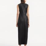 "Back view of the Apollo Black Dress, displaying the graceful ankle length and the smooth, flowing satin."