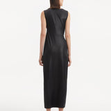 "Back view of the Apollo Black Dress, displaying the graceful ankle length and the smooth, flowing satin."