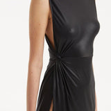 "Close-up of the Apollo Black Dress’s satin fabric, twist knot detail, and the elegant drape of the material."