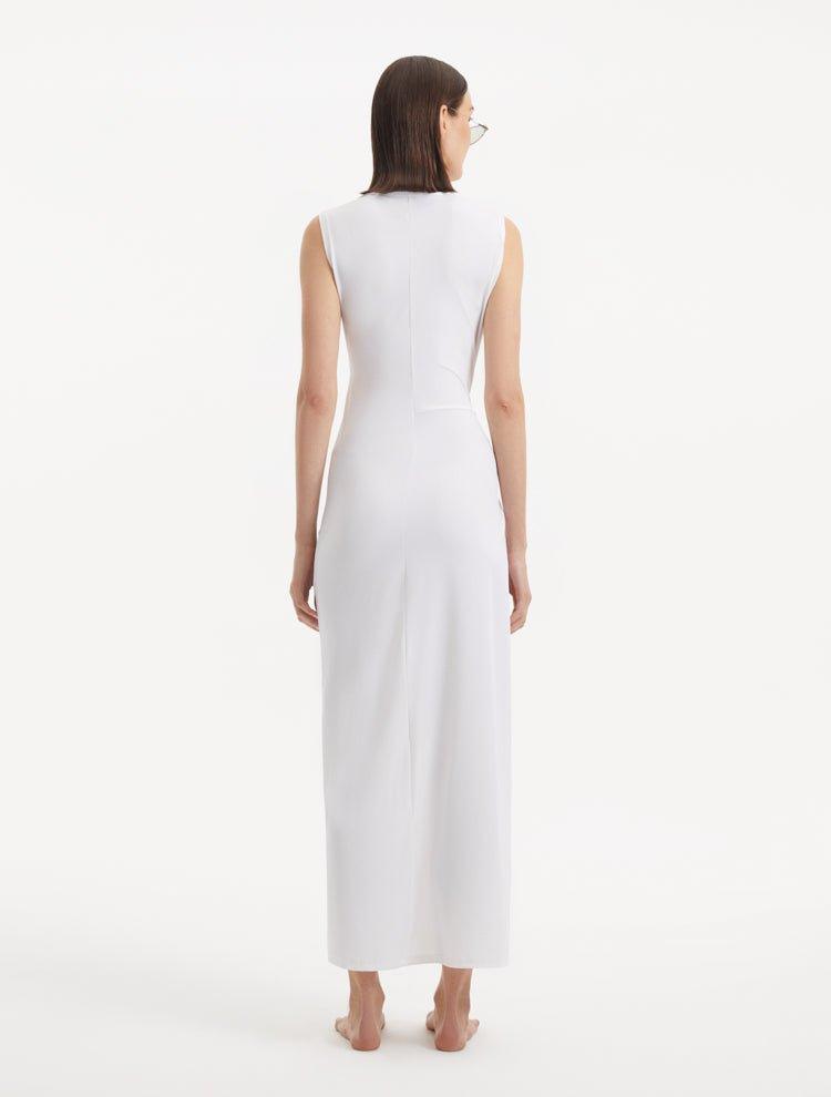 "Back view of the Apollo White Dress, showing the elegant ankle-length and the clean, sophisticated white color."