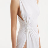"Close-up of the Apollo White Dress’s shiny satin fabric, twist knot detail, and the smooth texture that creates a subtle sheen."