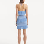 "Back view of the Arlo Baby Blue Skirt, displaying the high-rise silhouette and elastic waistband for a comfortable, flattering fit."