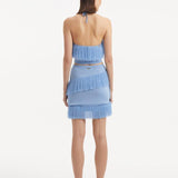"Back view of the Arlo Baby Blue Skirt, displaying the high-rise silhouette and elastic waistband for a comfortable, flattering fit."